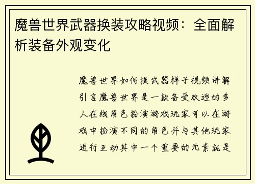 魔兽世界武器换装攻略视频：全面解析装备外观变化