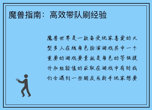 魔兽指南：高效带队刷经验